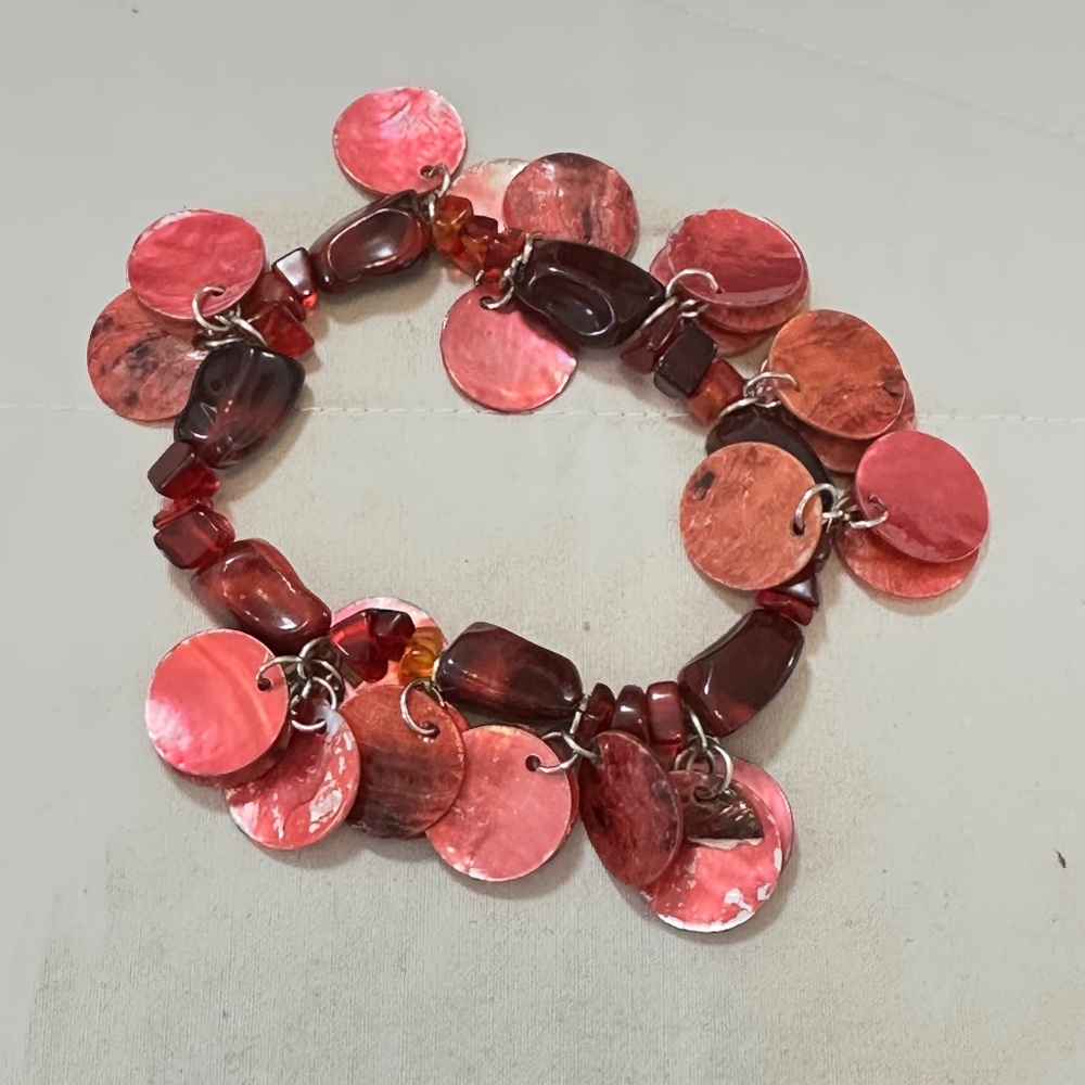 Round Red shell discs stones/nuggets & rectangular beads stretchy bracelet